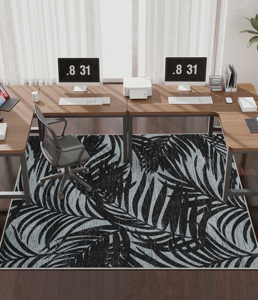 CHAKME Hardwood Floor Office Chair Mat, Non Slip Washable Floor Protector Desk Chair, 48in x 72in, Black White Tropical Leaf