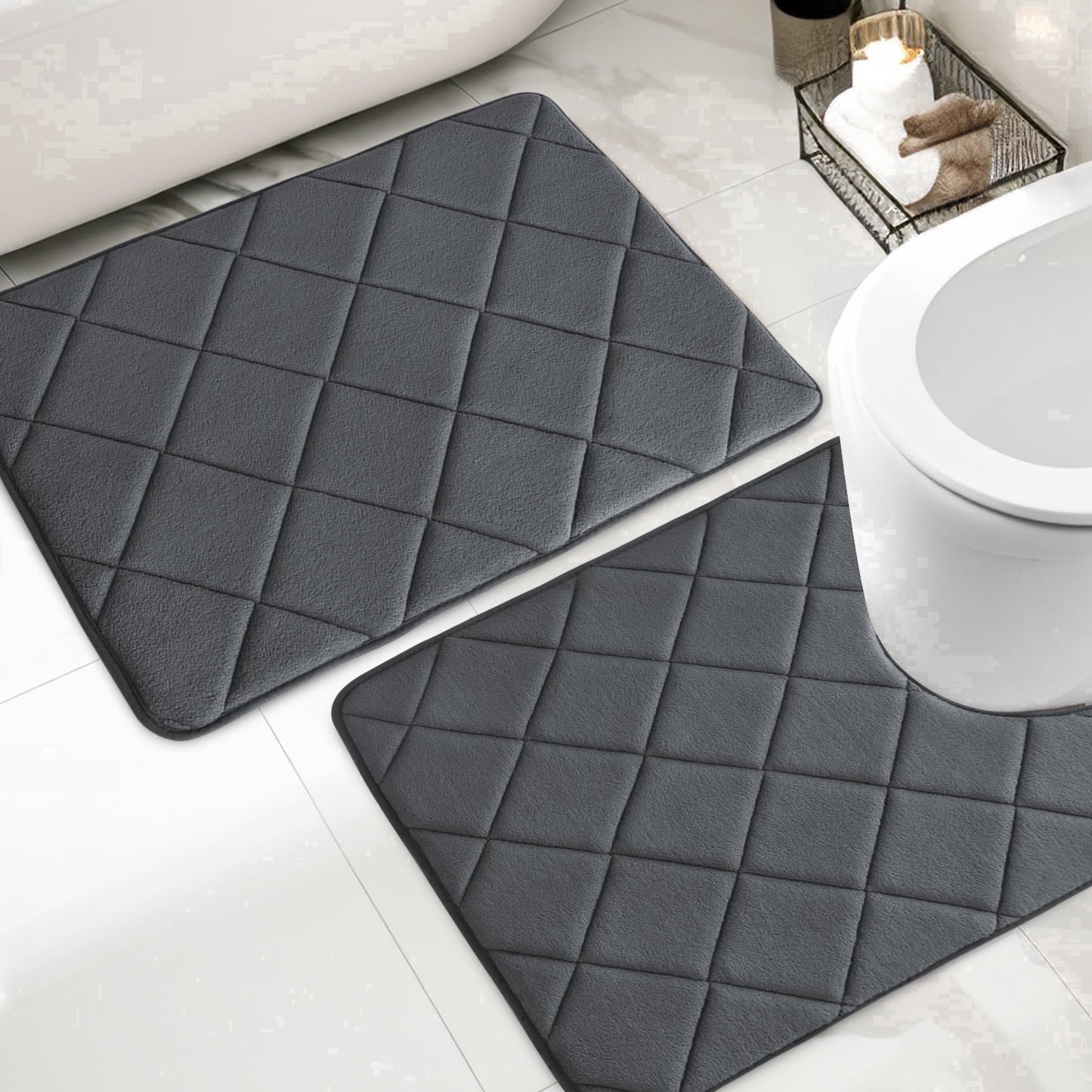 CHAKME Memory Foam Bath Mat Set Non Slip Super Absorbent Machine Washable U Shape Toilet Rug 24inx20in/24inx16in Bathroom Floor,Rustic Lattice Dark gray