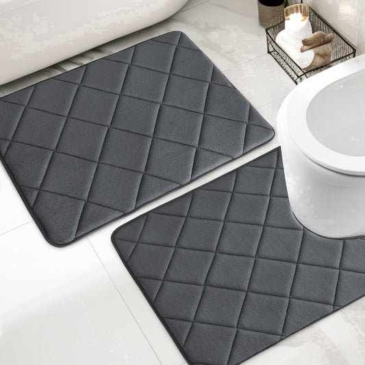 CHAKME Memory Foam Bath Mat Set Non Slip Super Absorbent Machine Washable U Shape Toilet Rug 24inx20in/24inx16in Bathroom Floor,Rustic Lattice Dark gray