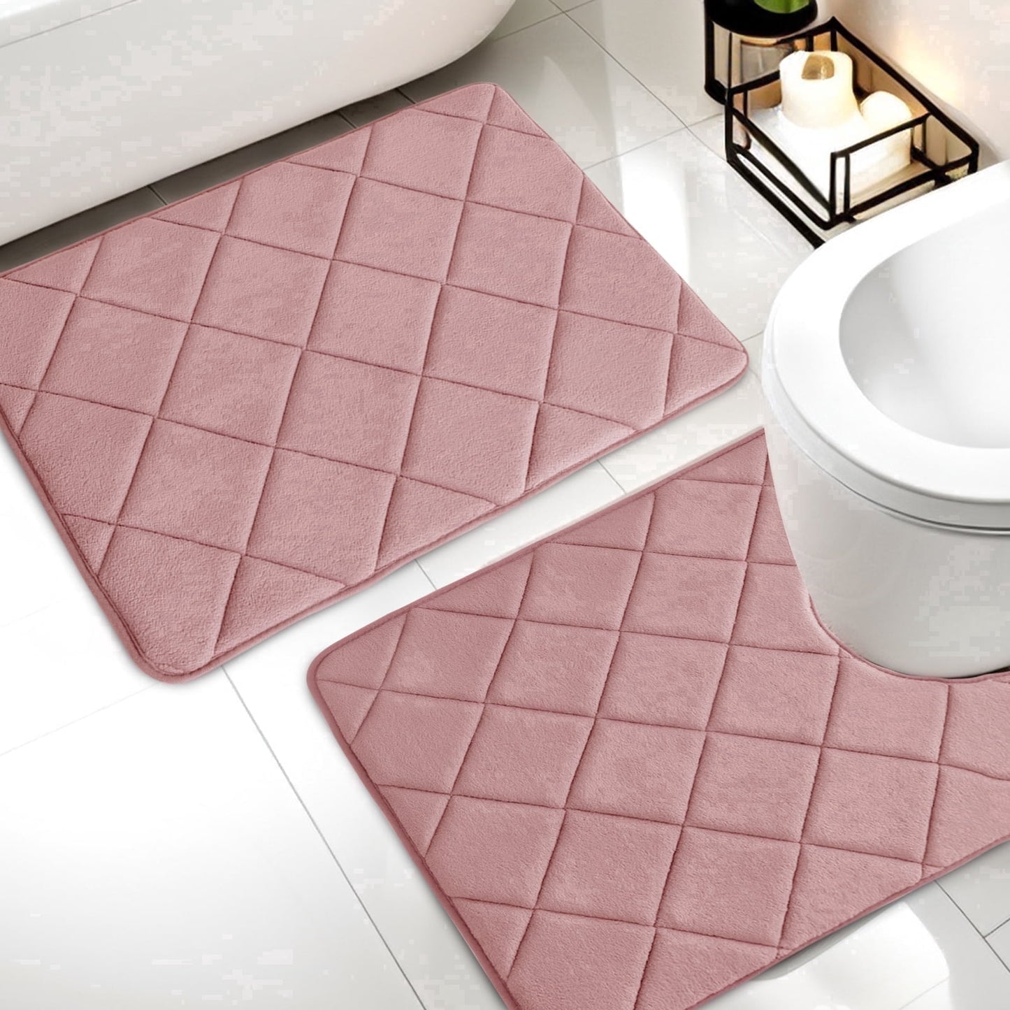 CHAKME Memory Foam Bath Mat Set Non Slip Super Absorbent Machine Washable U Shape Toilet Rug 24inx20in/24inx16in Bathroom Floor,Rustic Lattice Pink
