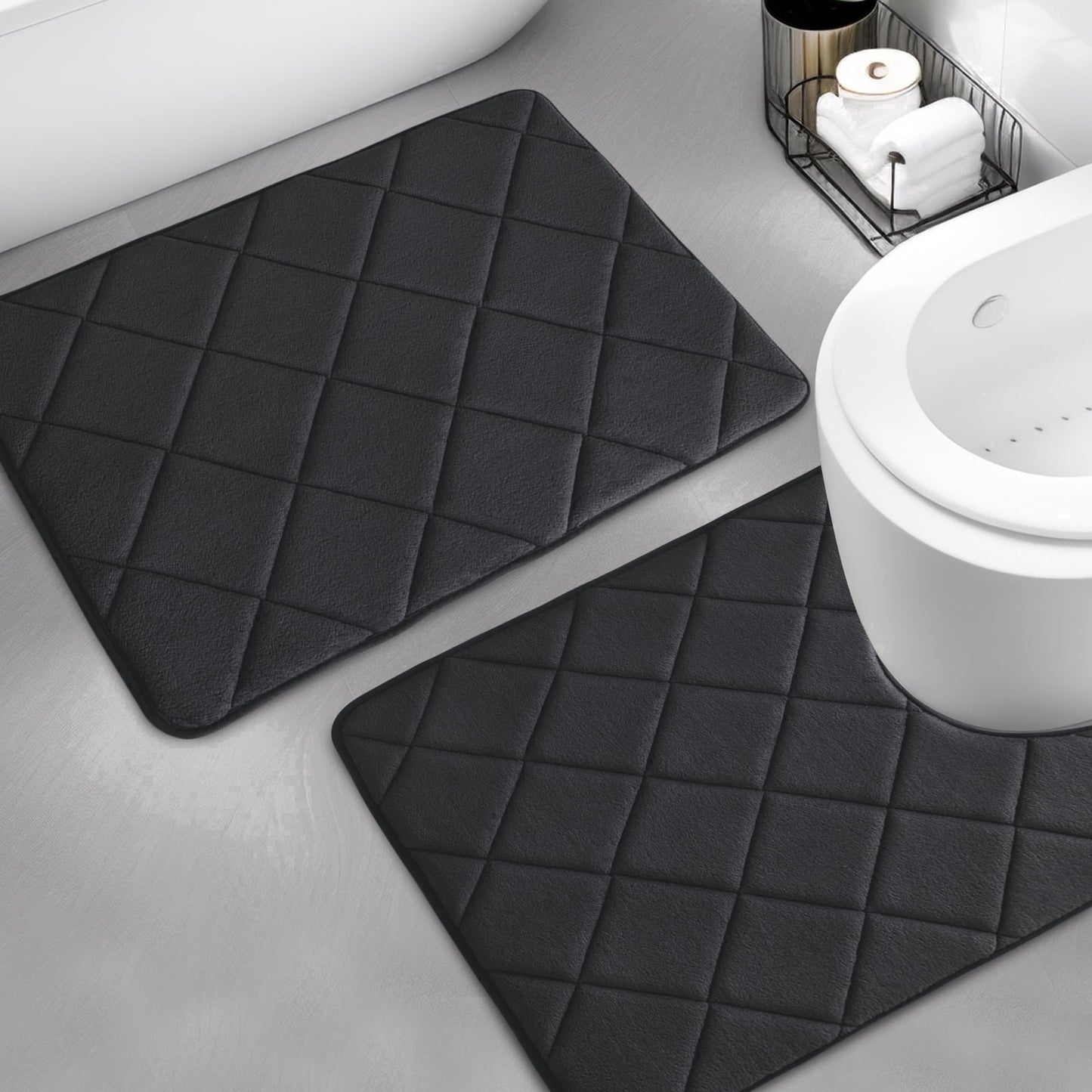 CHAKME Memory Foam Bath Mat Set Non Slip Super Absorbent Machine Washable U Shape Toilet Rug 24inx20in/24inx16in Bathroom Floor,Rustic Lattice black