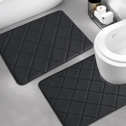 CHAKME Memory Foam Bath Mat Set Non Slip Super Absorbent Machine Washable U Shape Toilet Rug 24inx20in/24inx16in Bathroom Floor,Rustic Lattice black