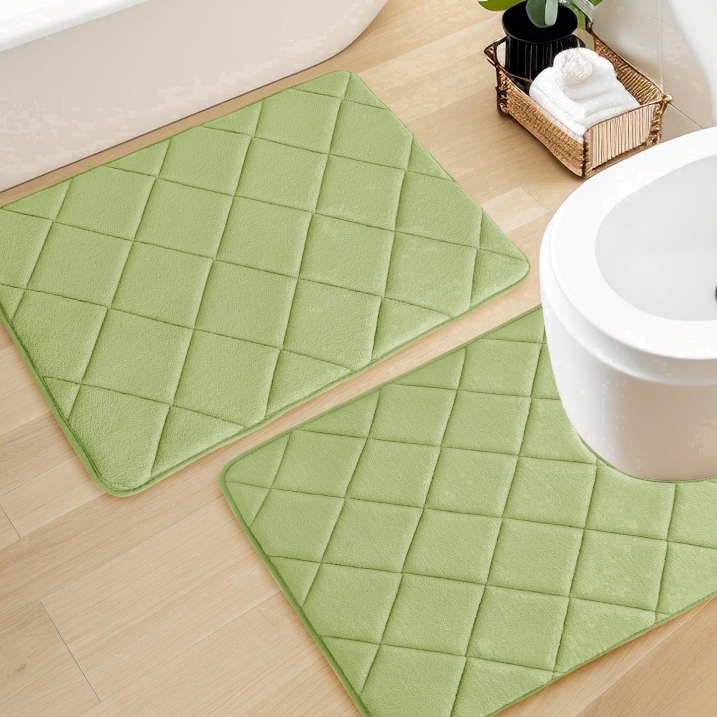 CHAKME Memory Foam Bath Mat Set Non Slip Super Absorbent Machine Washable U Shape Toilet Rug 24inx20in/24inx16in Bathroom Floor,Rustic Lattice green