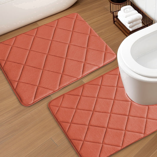 CHAKME Memory Foam Bath Mat Set Non Slip Super Absorbent Machine Washable U Shape Toilet Rug 24inx20in/24inx16in Bathroom Floor,Rustic Lattice orange