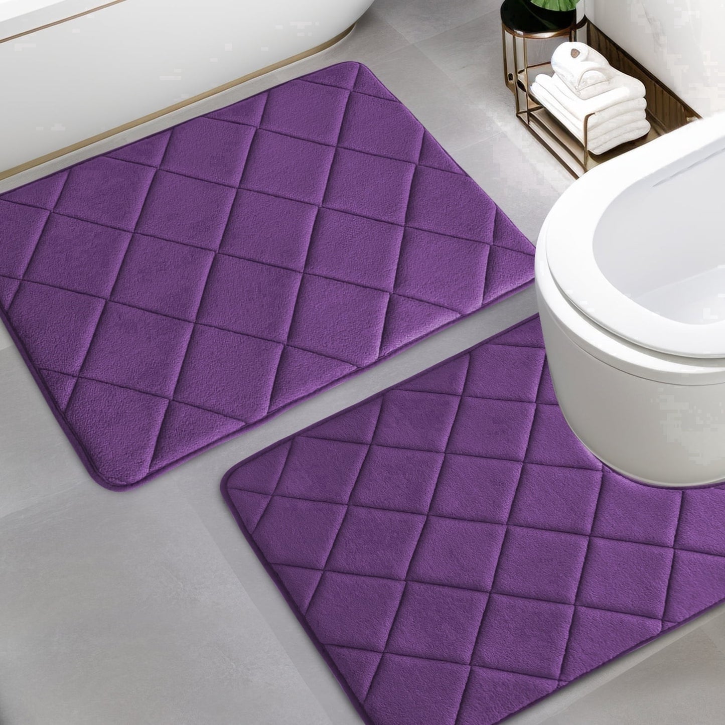 CHAKME Memory Foam Bath Mat Set Non Slip Super Absorbent Machine Washable U Shape Toilet Rug 24inx20in/24inx16in Bathroom Floor,Rustic Lattice purple