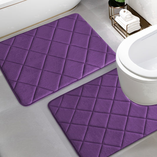 CHAKME Memory Foam Bath Mat Set Non Slip Super Absorbent Machine Washable U Shape Toilet Rug 24inx20in/24inx16in Bathroom Floor,Rustic Lattice purple