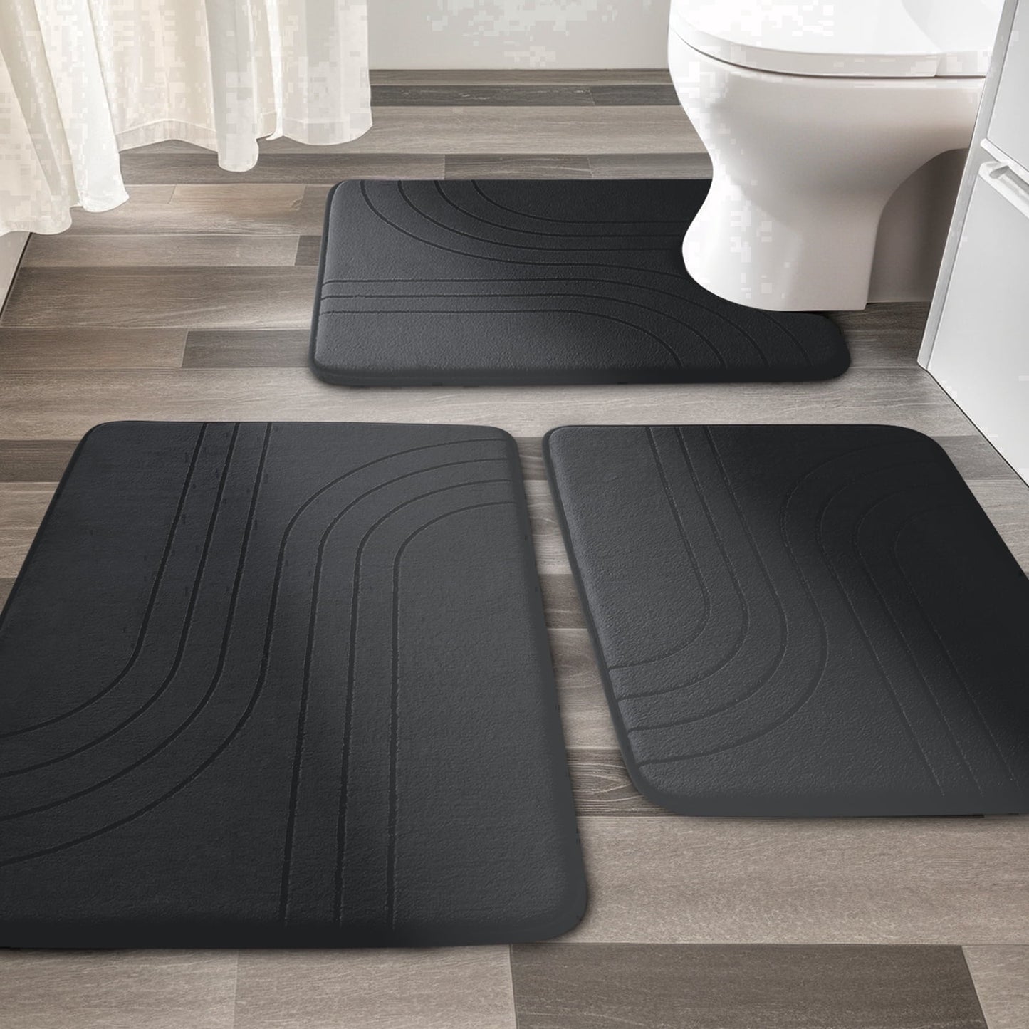 CHAKME Non-Slip 3 Piece Bathroom Rugs Set - Bath Mat for Tub, Shower, and Toilet, Zen Garden Ripple black