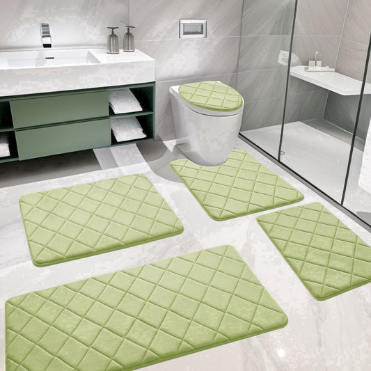 CHAKME Non Slip Machine Washable 5 Piece Bath Rug Set Memory Foam Ultra Absorbent Large 20inx46in & 32inx20in Long 24inx17in Small 18inx16in U Shape Contour 24inx20in Bathroom Mat Rustic Lattice green