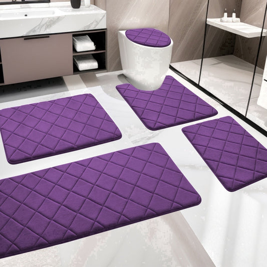 CHAKME Non Slip Machine Washable 5 Piece Bath Rug Set Memory Foam Ultra Absorbent Large 20inx46in & 32inx20in Long 24inx17in Small 18inx16in U Shape Contour 24inx20in Bathroom Mat Rustic Lattice purple