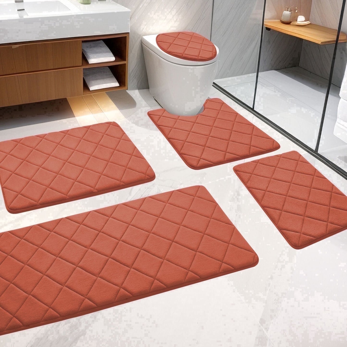 CHAKME Non Slip Machine Washable 5 Piece Bath Rug Set Memory Foam Ultra Absorbent Large 20inx46in & 32inx20in Long 24inx17in Small 18inx16in U Shape Contour 24inx20in Bathroom Mat Rustic Lattice orange