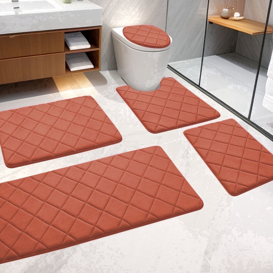 CHAKME Non Slip Machine Washable 5 Piece Bath Rug Set Memory Foam Ultra Absorbent Large 20inx46in & 32inx20in Long 24inx17in Small 18inx16in U Shape Contour 24inx20in Bathroom Mat Rustic Lattice orange