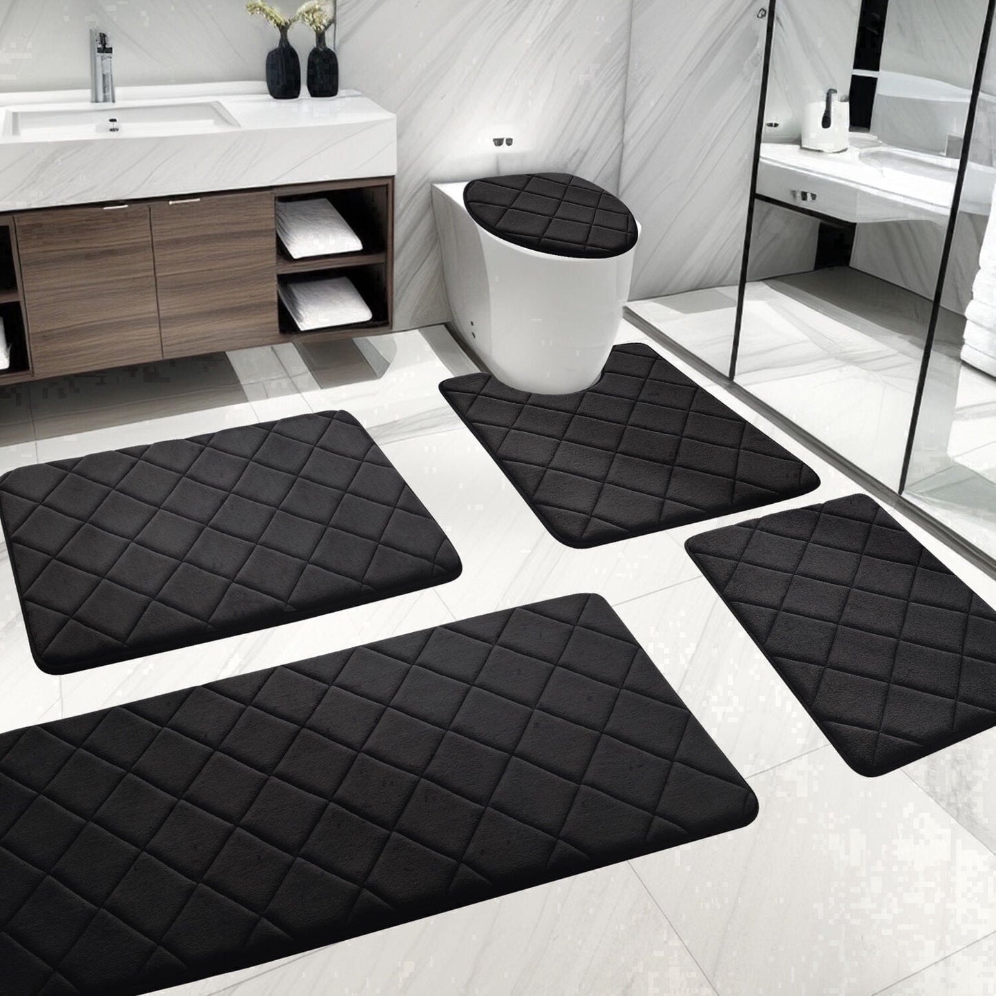 CHAKME Non Slip Machine Washable 5 Piece Bath Rug Set Memory Foam Ultra Absorbent Large 20inx46in & 32inx20in Long 24inx17in Small 18inx16in U Shape Contour 24inx20in Bathroom Mat Rustic Lattice black