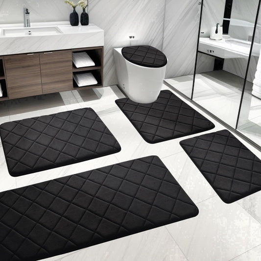 CHAKME Non Slip Machine Washable 5 Piece Bath Rug Set Memory Foam Ultra Absorbent Large 20inx46in & 32inx20in Long 24inx17in Small 18inx16in U Shape Contour 24inx20in Bathroom Mat Rustic Lattice black