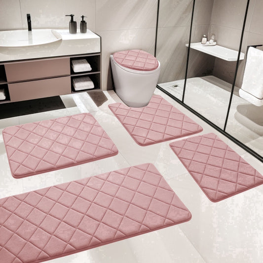 CHAKME Non Slip Machine Washable 5 Piece Bath Rug Set Memory Foam Ultra Absorbent Large 20inx46in & 32inx20in Long 24inx17in Small 18inx16in U Shape Contour 24inx20in Bathroom Mat Rustic Lattice pink