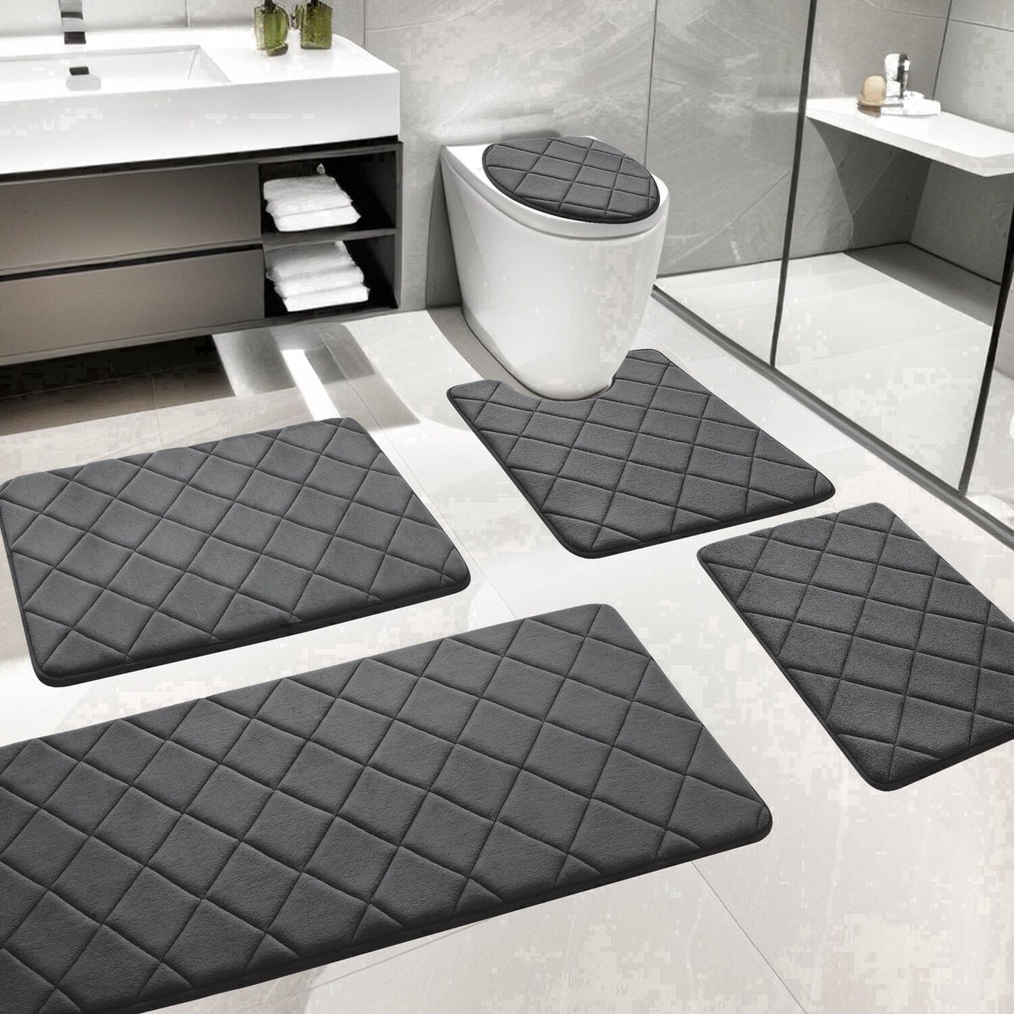 CHAKME Non Slip Machine Washable 5 Piece Bath Rug Set Memory Foam Ultra Absorbent Large 20inx46in & 32inx20in Long 24inx17in Small 18inx16in U Shape Contour 24inx20in Bathroom Mat Rustic Lattice Dark gray
