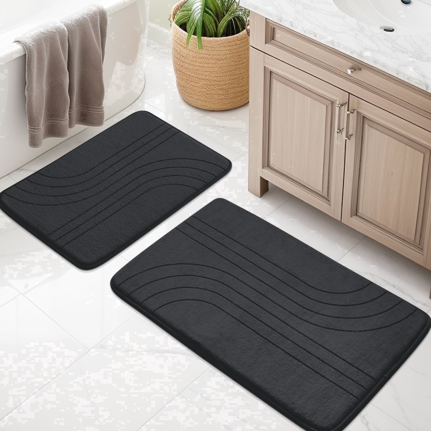 CHAKME Non Slip Memory Foam Bath Rug Set Ultra Absorbent Machine Washable Quick Dry Bathroom Floor Mat U Shape Toilet,Zen Garden Ripple black