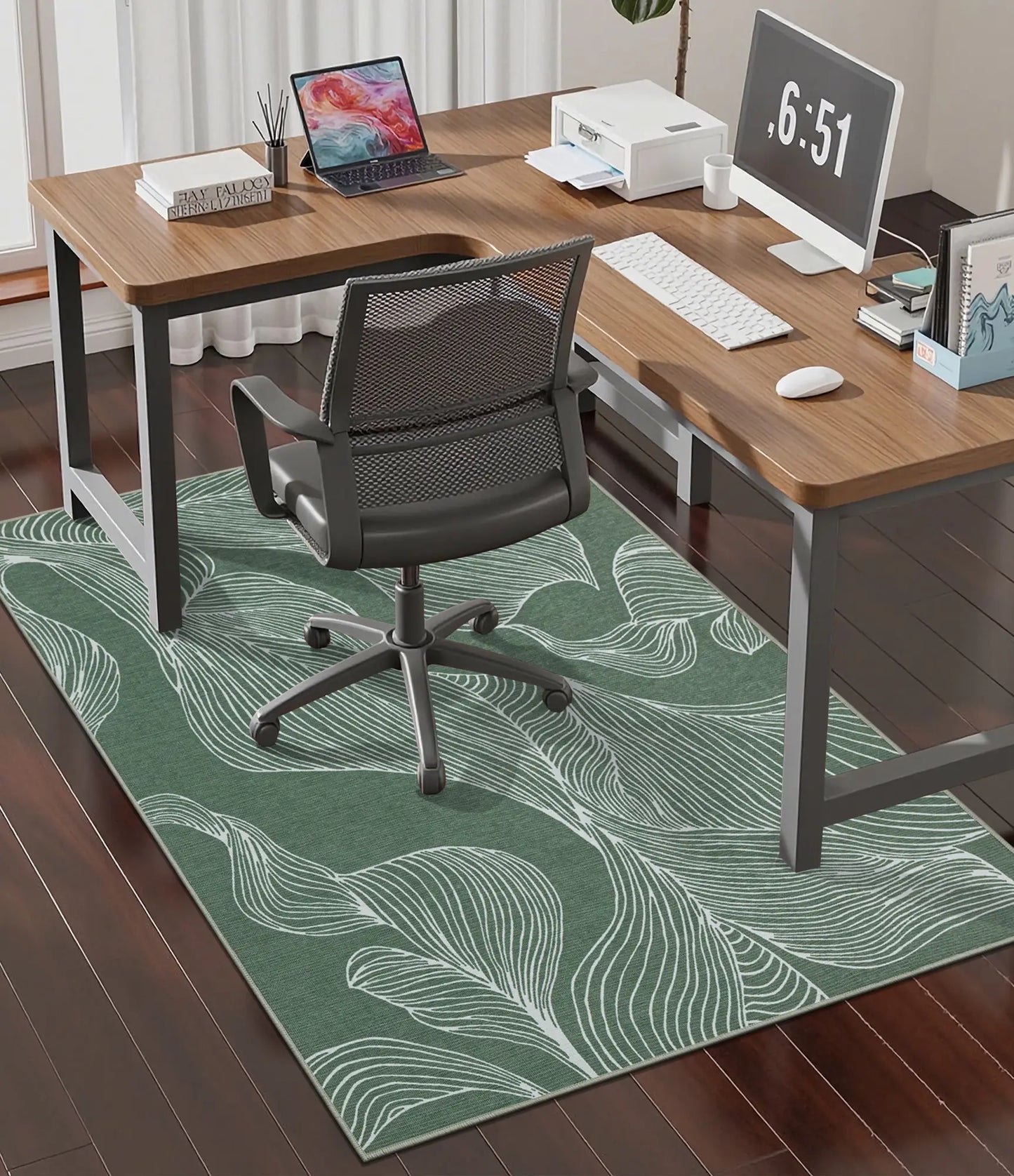 CHAKME Sage Green Leaf Office Chair Mat 3'x4' Non Slip Washable Easy Glide Carpet Protector Hardwood Floor Botanical Line Art Desk Chair Rug