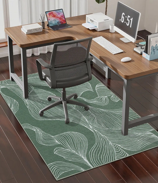 CHAKME Sage Green Leaf Office Chair Mat 3'x4' Non Slip Washable Easy Glide Carpet Protector Hardwood Floor Botanical Line Art Desk Chair Rug