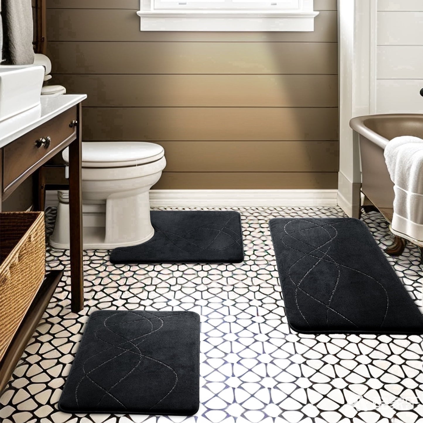 CHAKME Set of 3 Absorbent Memory Foam Bath Mat Set Bathroom Rugs, Interlocking Spirals BLACK, Large 20inx32in, Small 17inx24in, Contour 24inx20in