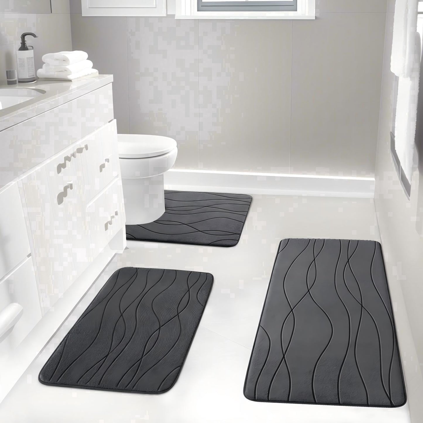 CHAKME Set of 3 Absorbent Memory Foam Bath Mat Set Bathroom Rugs, Ocean Ripple Dark gray, Large 20inx32in, Small 17inx24in, Contour 24inx20in
