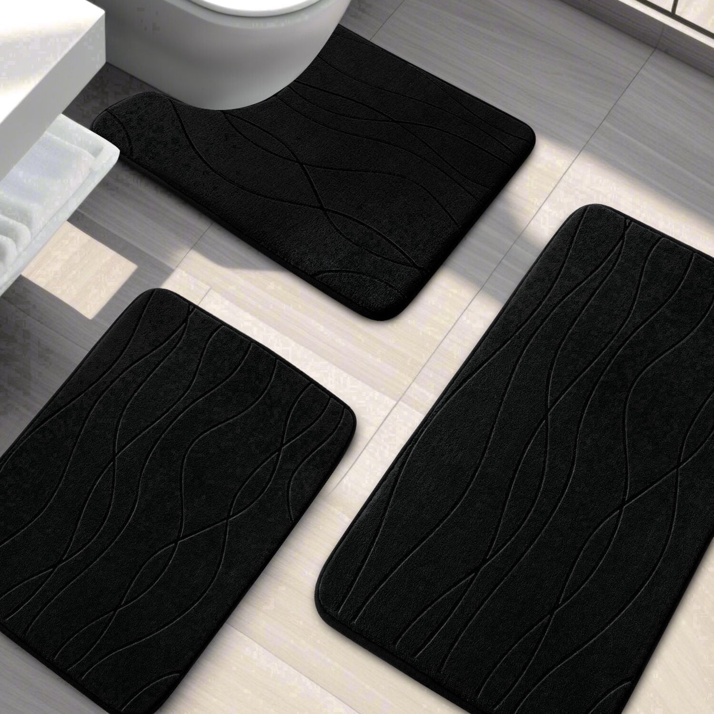 CHAKME Set of 3 Absorbent Memory Foam Bath Mat Set Bathroom Rugs, Ocean Ripple black, Large 20inx32in, Small 17inx24in, Contour 24inx20in