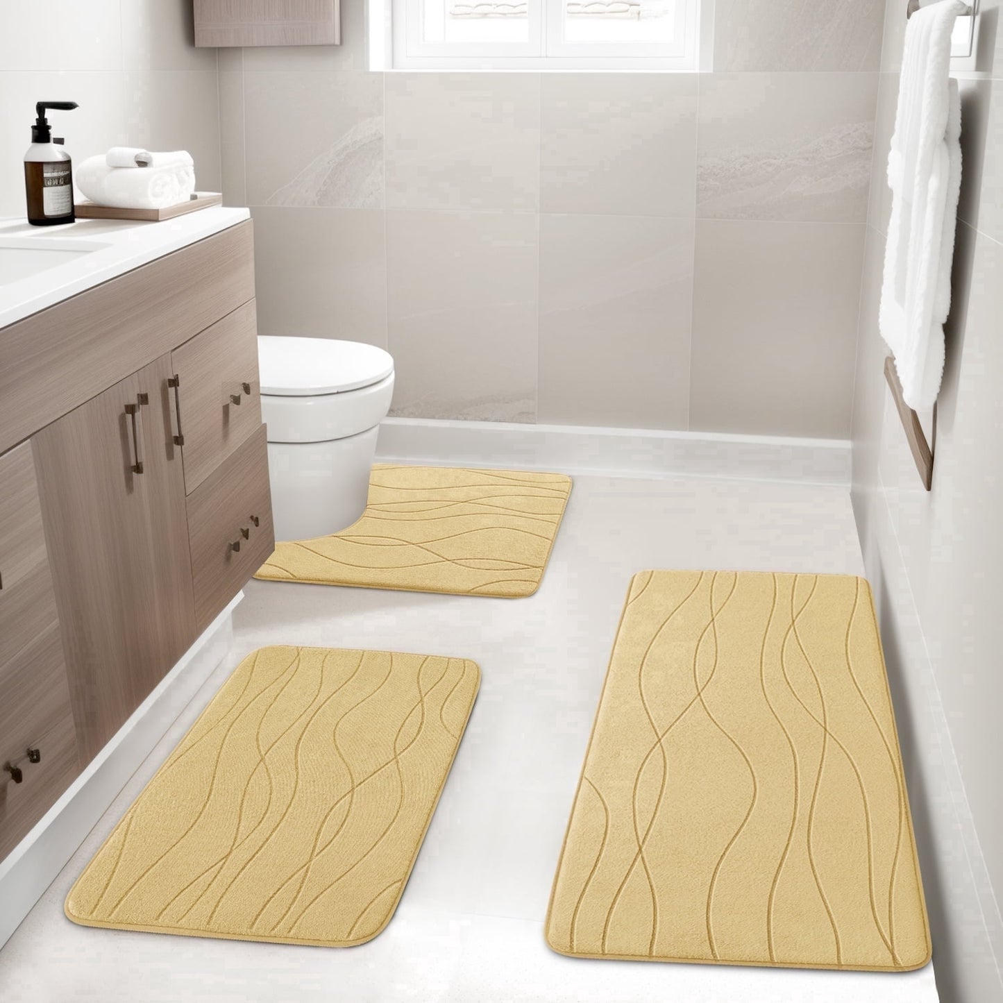 CHAKME Set of 3 Absorbent Memory Foam Bath Mat Set Bathroom Rugs, Ocean Ripple coffee, Large 20inx32in, Small 17inx24in, Contour 24inx20in