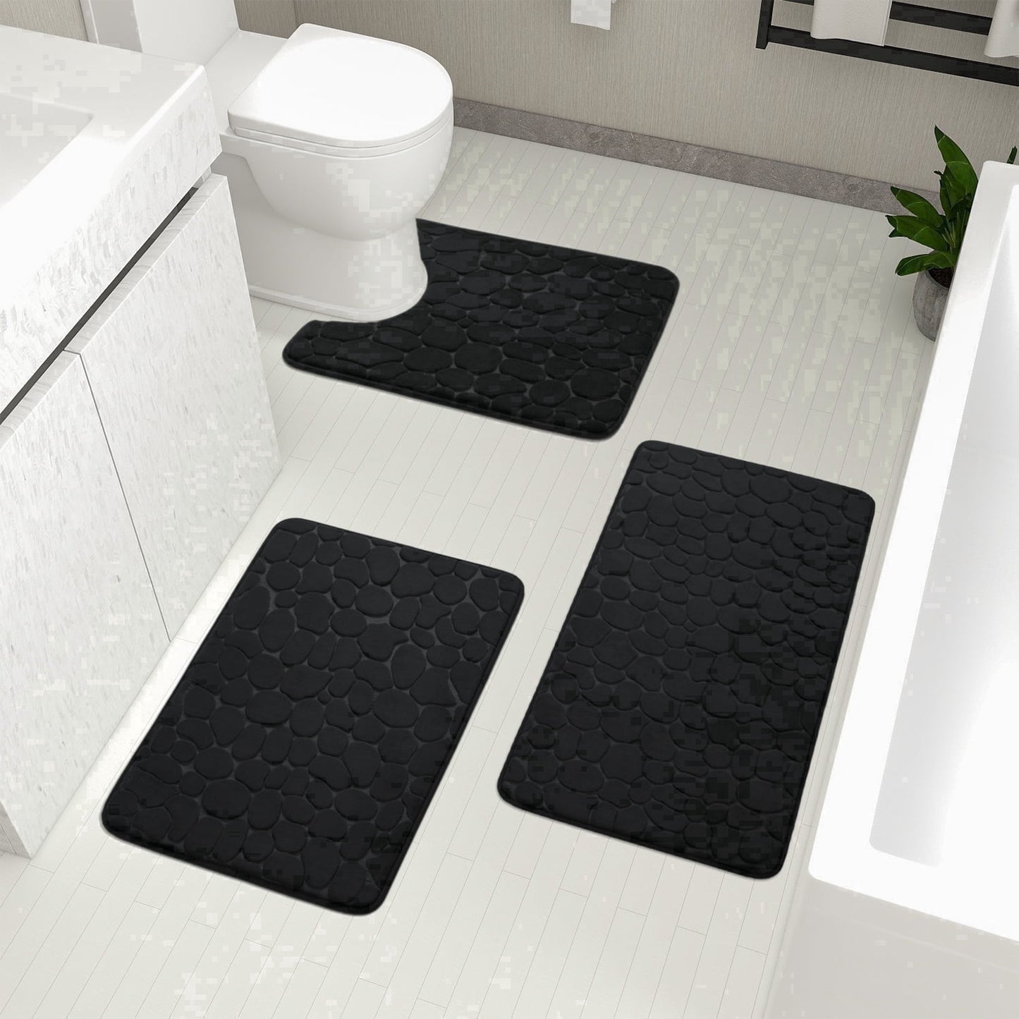 CHAKME Set of 3 Absorbent Memory Foam Bath Mat Set Bathroom Rugs, Pebble Massage Mat black, Large 20inx32in, Small 17inx24in, Contour 24inx20in