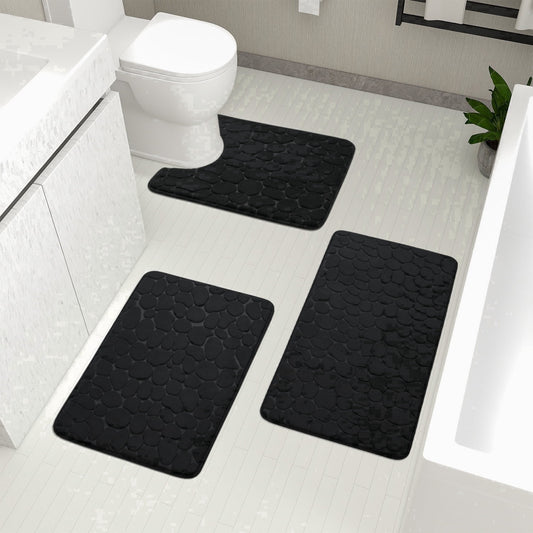 CHAKME Set of 3 Absorbent Memory Foam Bath Mat Set Bathroom Rugs, Pebble Massage Mat black, Large 20inx32in, Small 17inx24in, Contour 24inx20in