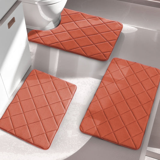 CHAKME Set of 3 Absorbent Memory Foam Bath Mat Set Bathroom Rugs, Rustic Lattice orange, Large 20inx32in, Small 17inx24in, Contour 24inx20in