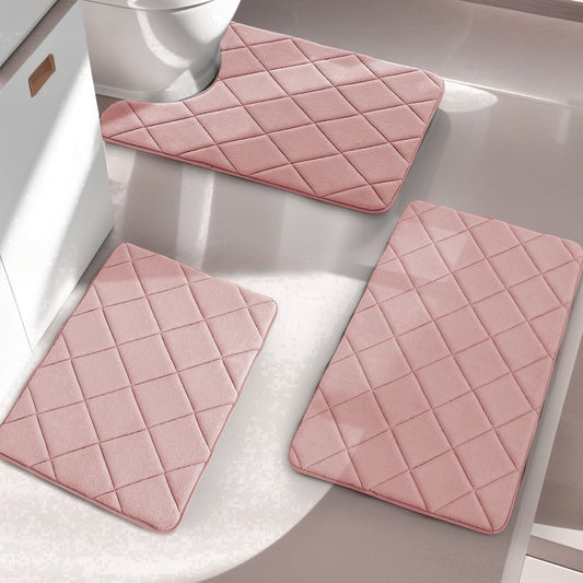 CHAKME Set of 3 Absorbent Memory Foam Bath Mat Set Bathroom Rugs, Rustic Lattice pink, Large 20inx32in, Small 17inx24in, Contour 24inx20in