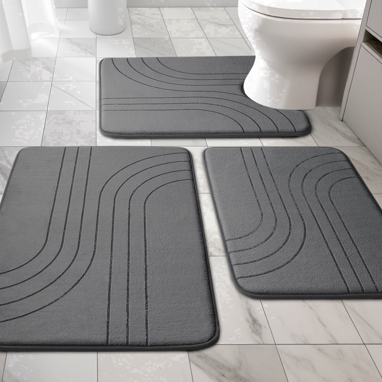 CHAKME Set of 3 Absorbent Memory Foam Bath Mat Set Bathroom Rugs, Zen Garden Ripple Dark gray, Large 20inx32in, Small 17inx24in, Contour 24inx20in