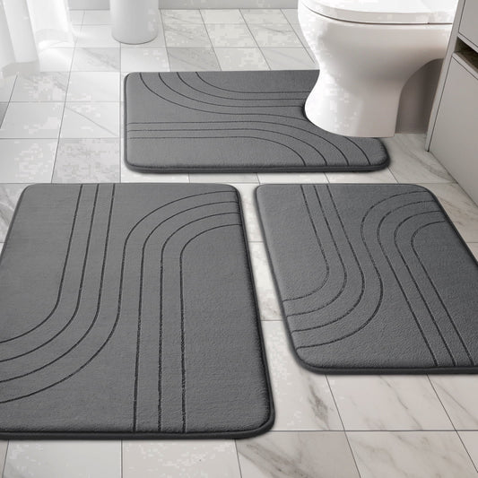 CHAKME Set of 3 Absorbent Memory Foam Bath Mat Set Bathroom Rugs, Zen Garden Ripple Dark gray, Large 20inx32in, Small 17inx24in, Contour 24inx20in