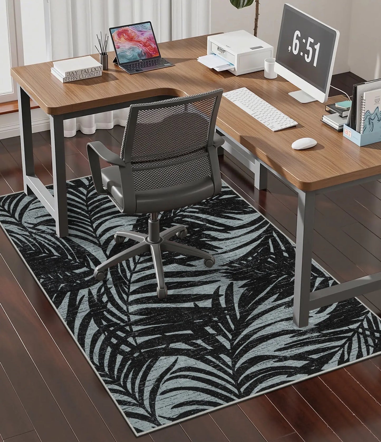 CHAKME Tropical Leaf Office Chair Mat 3'x4' Non Slip Washable Easy Glide Carpet Protector Hardwood Floor Black Grey Palm Botanical Desk Chair Rug