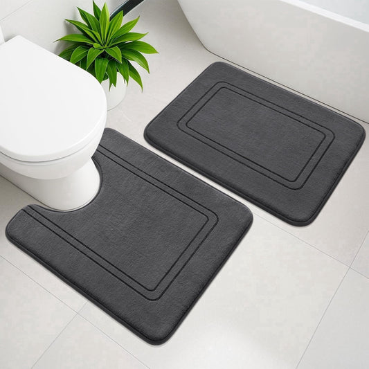 CHAKME U Shape Bath Mat Set 24inx20in&24inx16in Non Slip Super Absorbent Machine Washable Bathroom Memory Foam Floor Rug Toilet,Classic Greek Key Dark gray