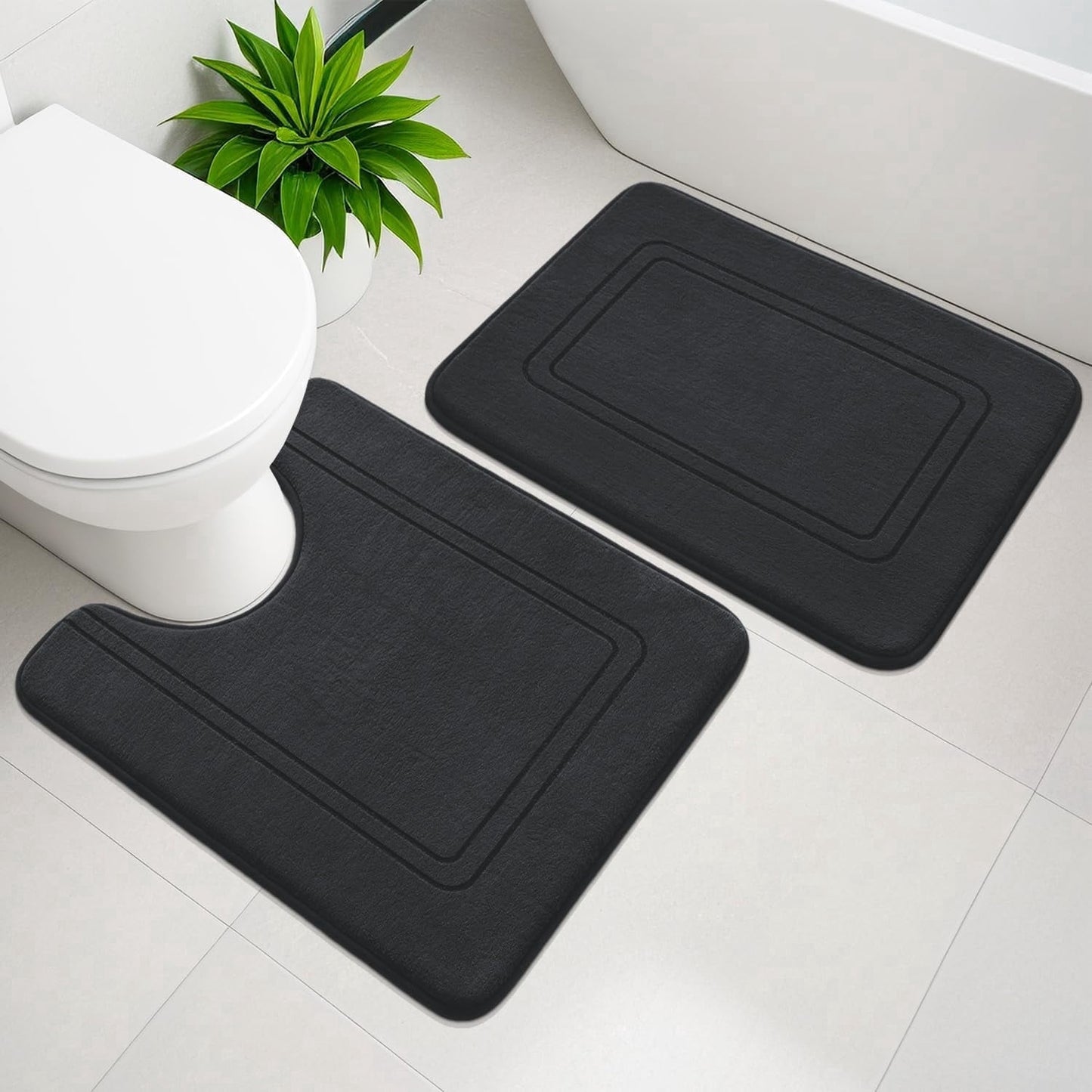 CHAKME U Shape Bath Mat Set 24inx20in&24inx16in Non Slip Super Absorbent Machine Washable Bathroom Memory Foam Floor Rug Toilet,Classic Greek Key black