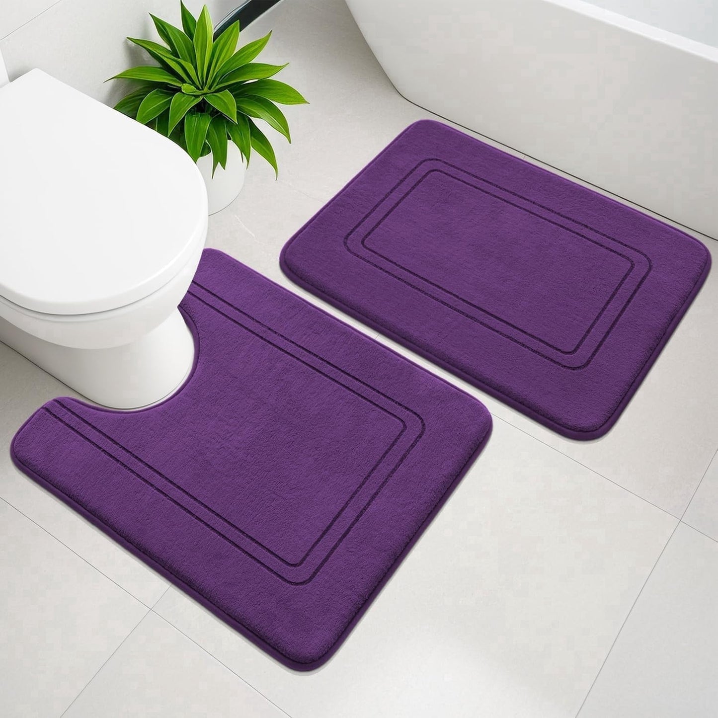CHAKME U Shape Bath Mat Set 24inx20in&24inx16in Non Slip Super Absorbent Machine Washable Bathroom Memory Foam Floor Rug Toilet,Classic Greek Key purple