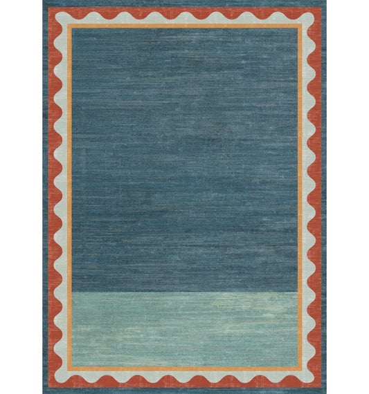 CHAKME Vintage Boho 2X8 Area Rug with Scalloped Edge - Washable Soft Moroccan Geometric Carpet, Non Slip Foldable Aztec Style Rug for Living Room Bedroom, Navy & Red