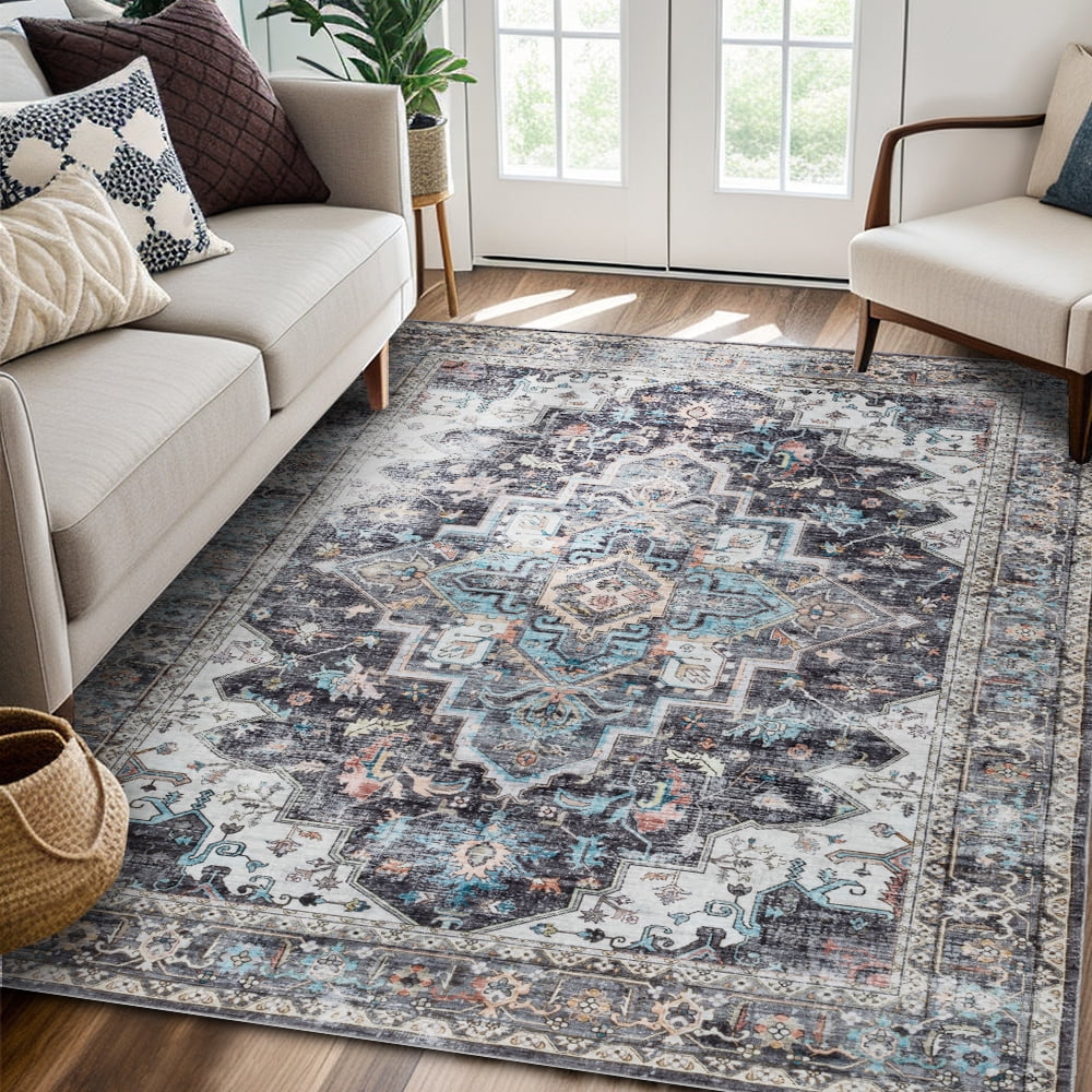 CHAKME 5'x7' Washable Area Rug Large Soft Rugs Living Room Vintage Gray Carpet Bedroom Dining Room Non-Slip Stain Resistant Under Table Rug