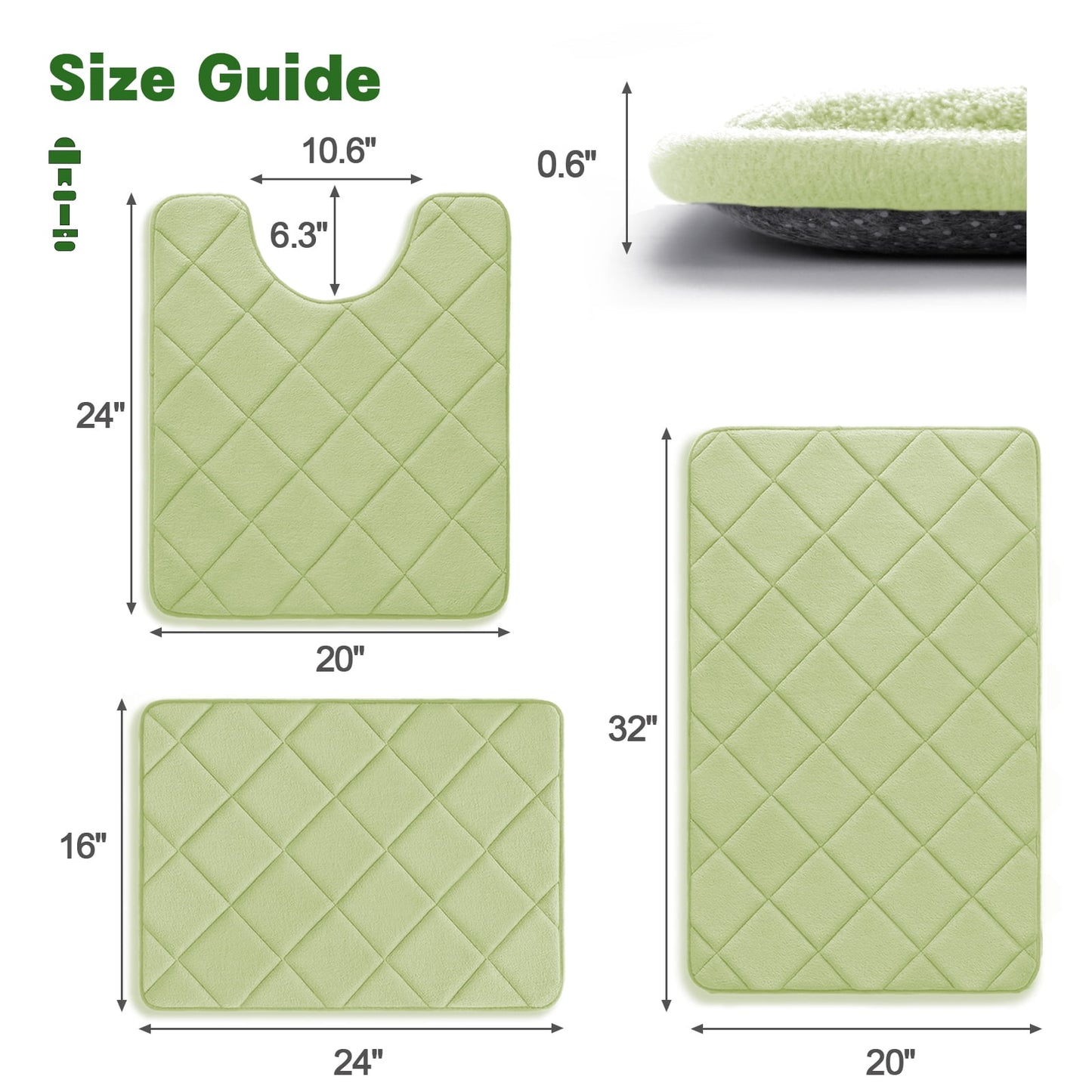 CHAKME Non-Slip 3 Piece Bathroom Rugs Set - Bath Mat for Tub, Shower, and Toilet, Rustic Lattice green