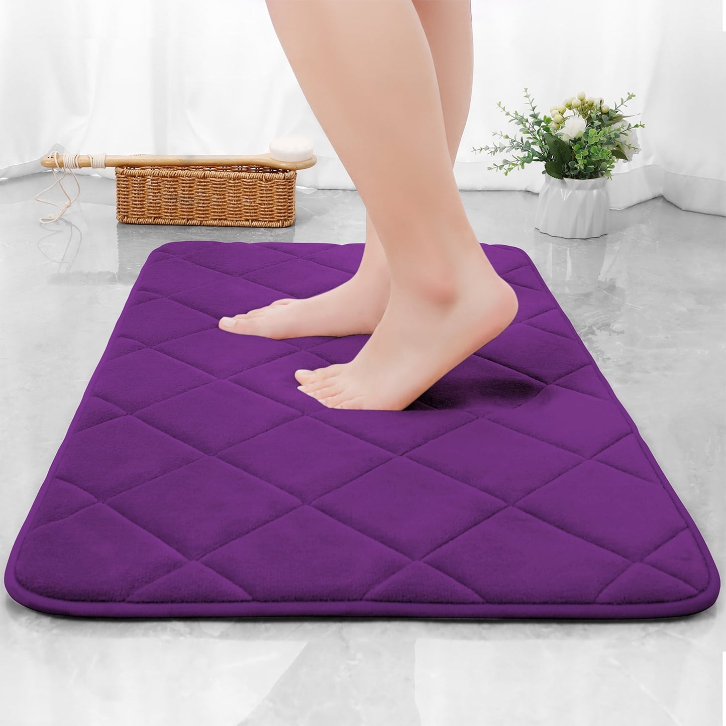 CHAKME Memory Foam Bath Mat Set Non Slip Super Absorbent Machine Washable U Shape Toilet Rug 24inx20in/24inx16in Bathroom Floor,Rustic Lattice purple