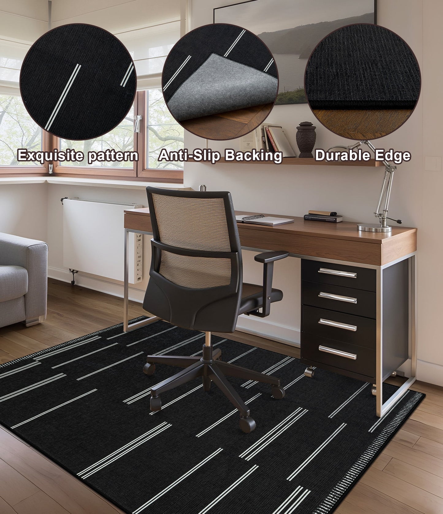 CHAKME 4' X 5' Striped Office Chair Mat Hardwood Floor Desk Chair Mat Anti Slip Floor Protector Under Desk Low Pile Office Rug Home