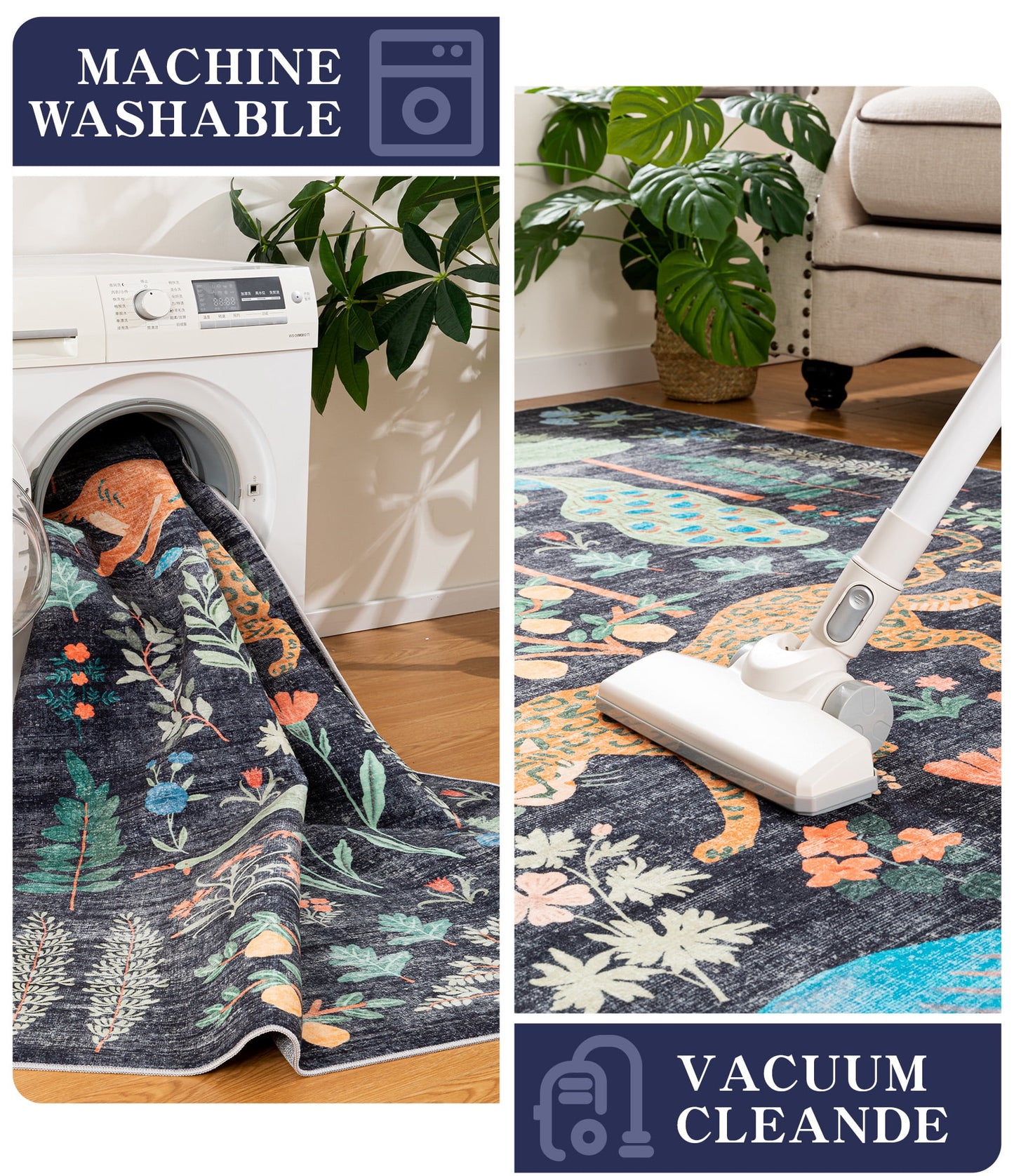 CHAKME 5'x7' Jungle Safari Wild Animal Area Rug Machine Washable Non Slip Leopard Bird Botanical Plant Low Pile Floor Carpet Living Room Dining Room Bedroom