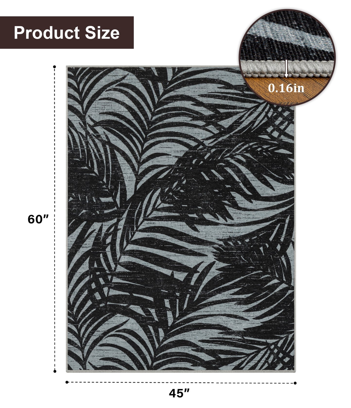 CHAKME 48inx60in Black White Tropical Leaf Desk Chair Mat, Anti Slip Low Pile for Hardwood/Tile Floor