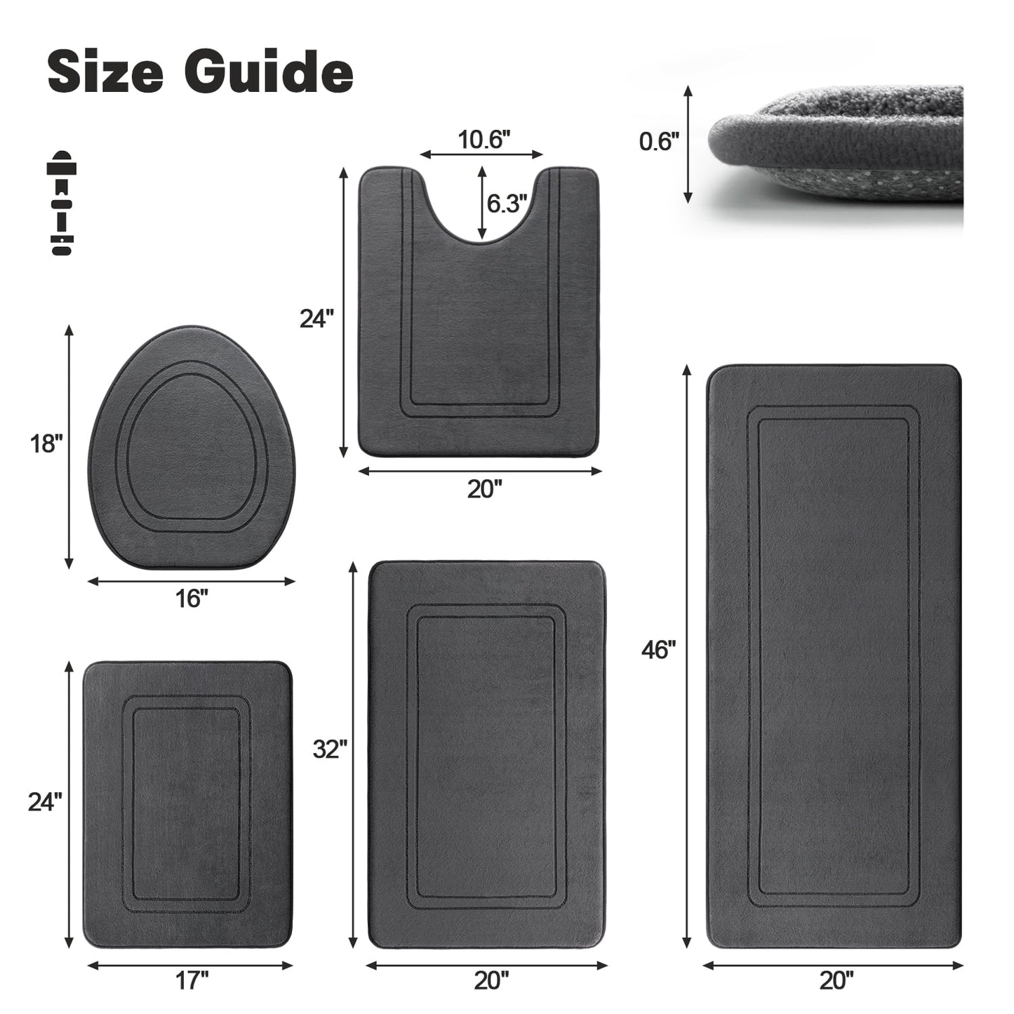 CHAKME 5 Pc Memory Foam Bath Mat Set: 20inx46in,32inx20in,24inx17in,18inx16in,U Shaped 24inx20in. Non Slip, Machine Washable, Super Absorbent, Classic Greek Key, Dark Gray.