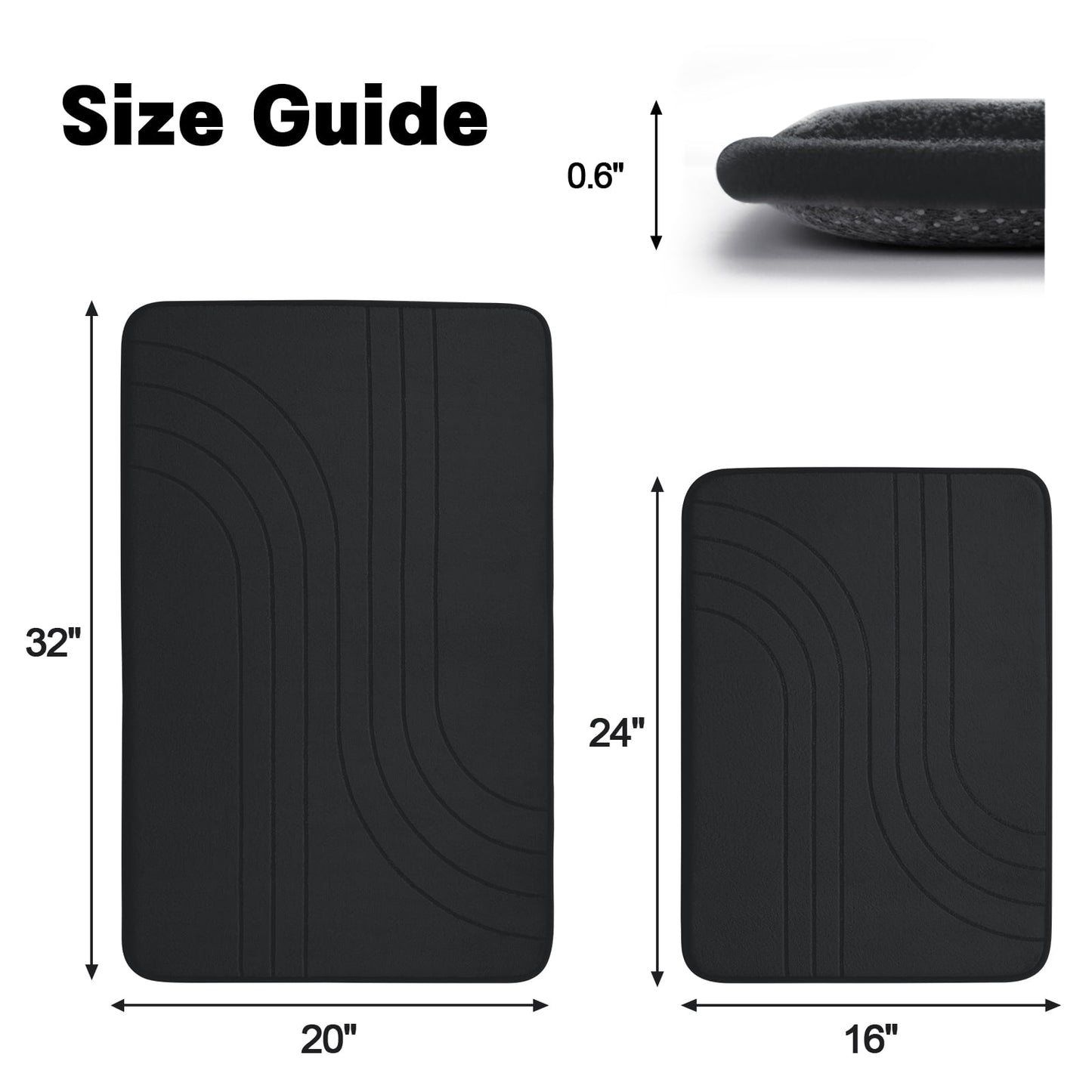 CHAKME Non Slip Memory Foam Bath Rug Set Ultra Absorbent Machine Washable Quick Dry Bathroom Floor Mat U Shape Toilet,Zen Garden Ripple black