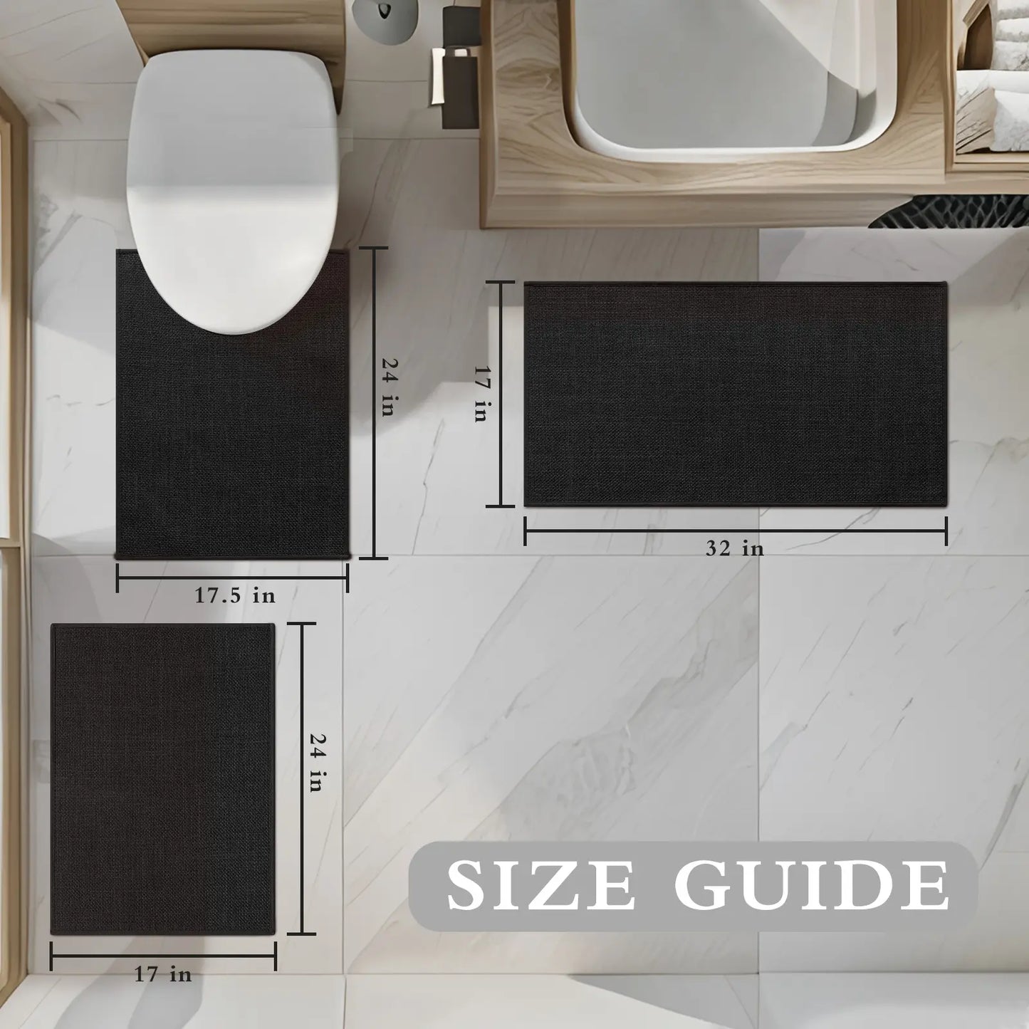 CHAKME 3 Piece Thin Bathroom Rug Set Non Slip Super Absorbent Quick Dry Machine Washable U Shape Bath Mat Rubber Backing, 17inx24in+17inx32in+U Shape 17.5inx24in BLACK