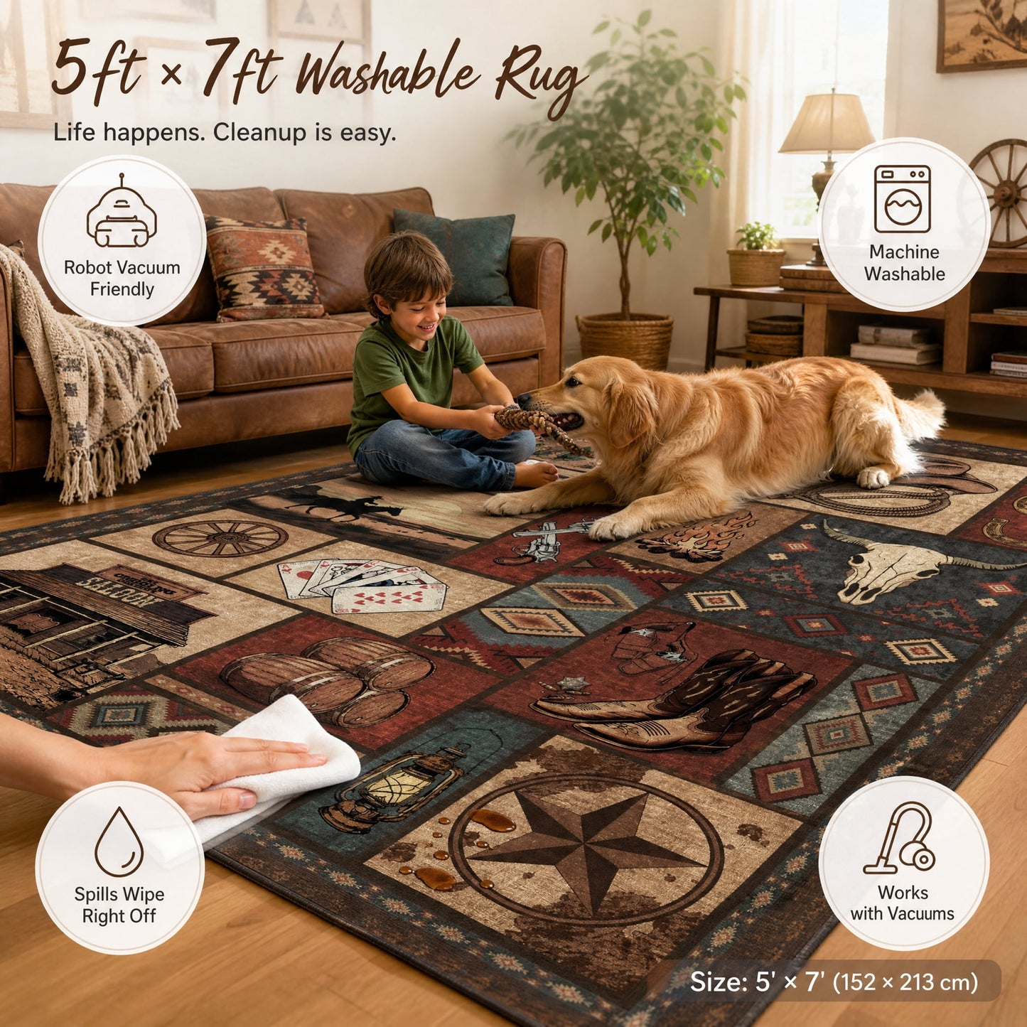 CHAKME 5'x7' Western Cowboy Area Rug Rustic Southwestern Cabin Lodge Decor Machine Washable Non-Slip Low Pile Floor Mat Vintage Cactus Bull Skull Saloon Design Carpet for Living Room Bedroom