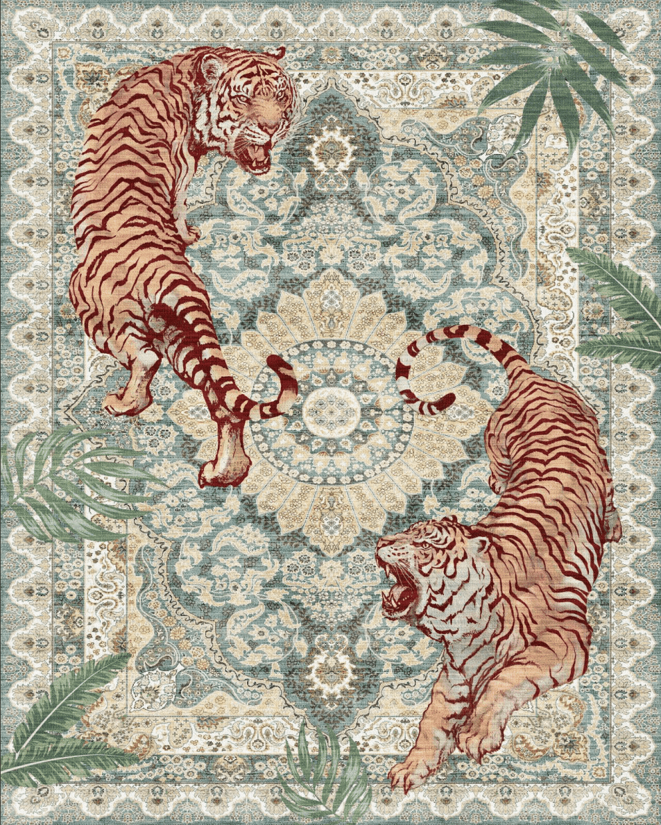 CHAKME 9'x12' Vintage Tiger Area Rug, Boho Traditional Washable Rug Living Room Bedroom Dining Sunroom Distressed Botanical Floral Accent Carpet, Green