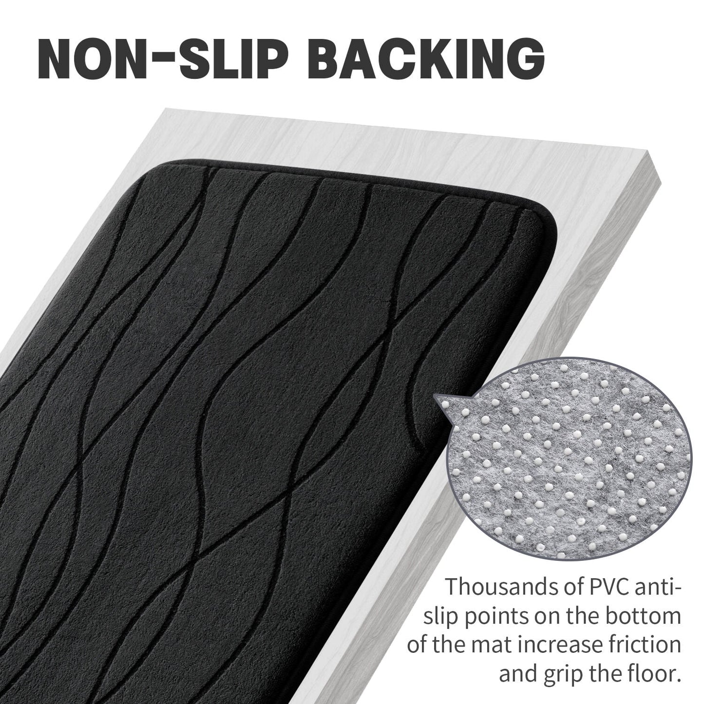 CHAKME Set of 3 Absorbent Memory Foam Bath Mat Set Bathroom Rugs, Ocean Ripple black, Large 20inx32in, Small 17inx24in, Contour 24inx20in
