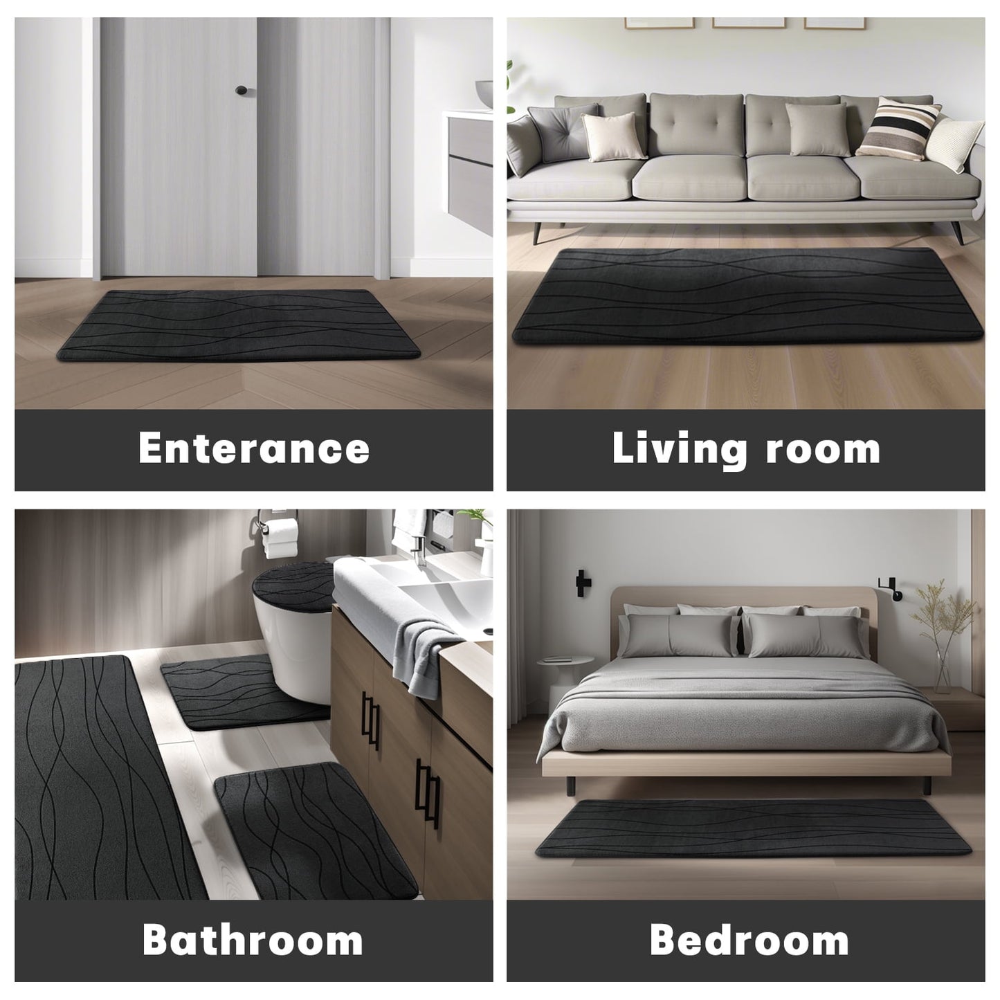 CHAKME 5 Piece Bathroom Rug Set Non Slip Ultra Absorbent Machine Washable Memory Foam Large 20''x46'' & 32''x20'' Long 24''x17'' Small 18''x16'' U Shape Contour 24''x20'' Toilet Mat Ocean Ripple black